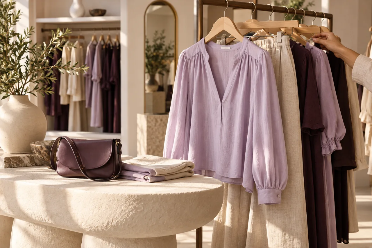 Escena ilustrativa de una boutique con prendas de lino, una blusa lila y un bolso color ciruela.