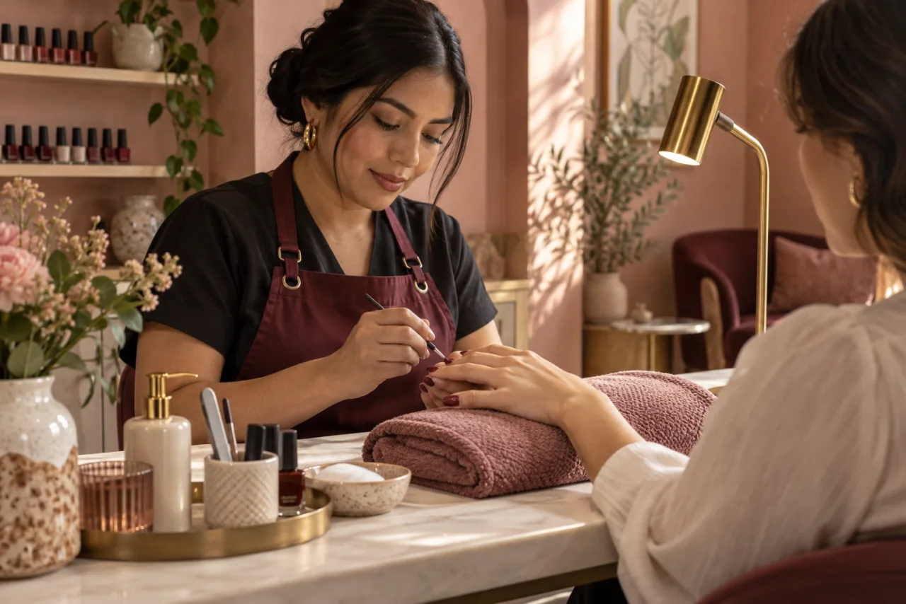 Escena ilustrativa de una manicurista atendiendo a una clienta en un salón de tonos rosa y marfil.