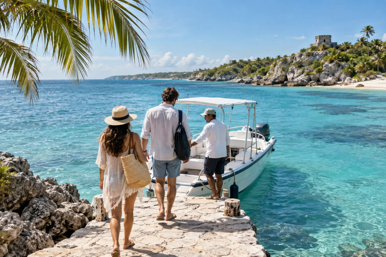 Escena ilustrativa de viajeros y un guía junto a una embarcación en una costa mexicana de agua turquesa.